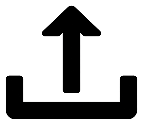 Bold black glyph icon, solid filled silhouette of an upload icon with an upward arrow out of a tray, transparent background PNG