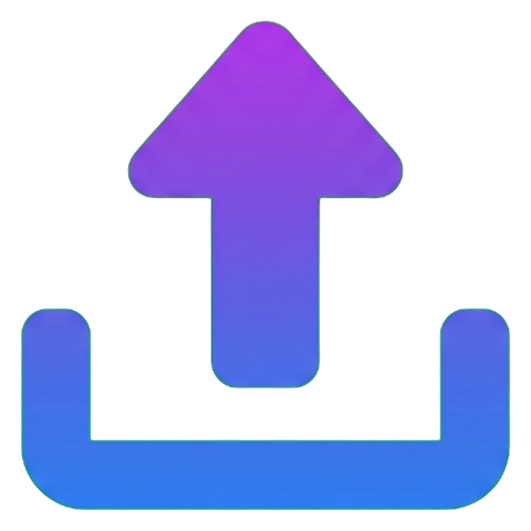 Gradient app-style icon, purple to blue gradient of an upload icon with an upward arrow out of a tray, transparent background PNG