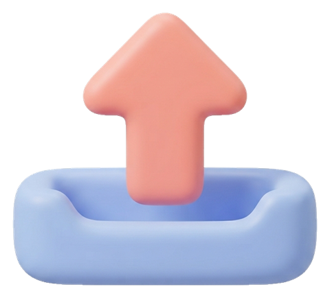 Soft 3D icon, pastel clay render of an upload icon with an upward arrow out of a tray, transparent background PNG