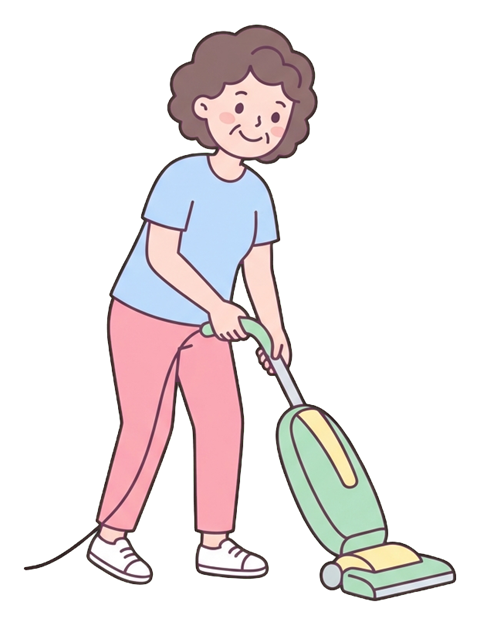 Simple cute flat cartoon illustration with soft pastel colors and thin clean dark outlines of a middle-aged woman, person vacuuming the floor with a vacuum cleaner, transparent background PNG