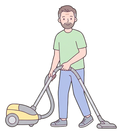 Simple cute flat cartoon illustration with soft pastel colors and thin clean dark outlines of a middle-aged man, person vacuuming the floor with a vacuum cleaner, transparent background PNG