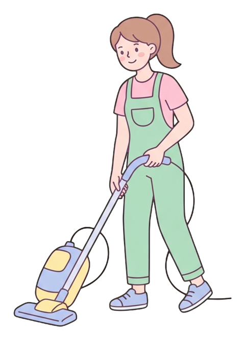 Simple cute flat cartoon illustration with soft pastel colors and thin clean dark outlines of a young woman, person vacuuming the floor with a vacuum cleaner, transparent background PNG