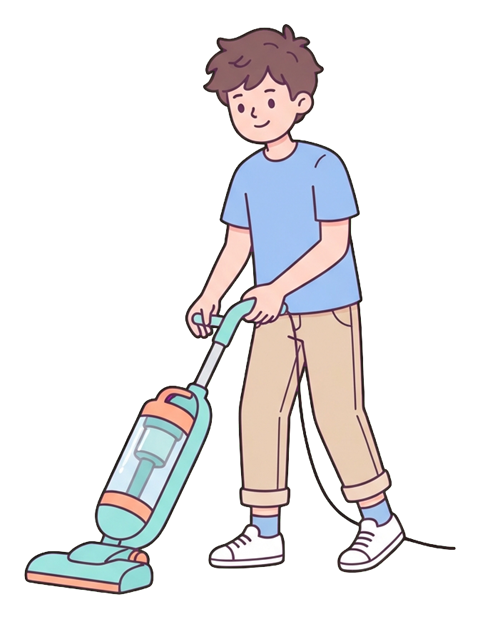 Simple cute flat cartoon illustration with soft pastel colors and thin clean dark outlines of a young man, person vacuuming the floor with a vacuum cleaner, transparent background PNG
