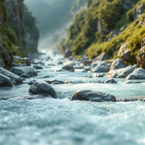 Soft 3D render of Crystal clear water flowing rapidly over smooth rocks in a deep green mountain valley, wide shot with open space at the top for text, misty morning haze, dreamy, 1:1 aspect ratio