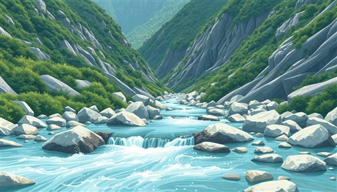 Minimal flat illustration of Crystal clear water flowing rapidly over smooth rocks in a deep green mountain valley, centered subject with a simple uncluttered composition, soft pastel colors, bright and cozy, 16:9 aspect ratio