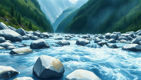 Watercolor illustration of Crystal clear water flowing rapidly over smooth rocks in a deep green mountain valley, close-up detail with shallow depth of field, cool blue tones, quiet atmosphere, 16:9 aspect ratio