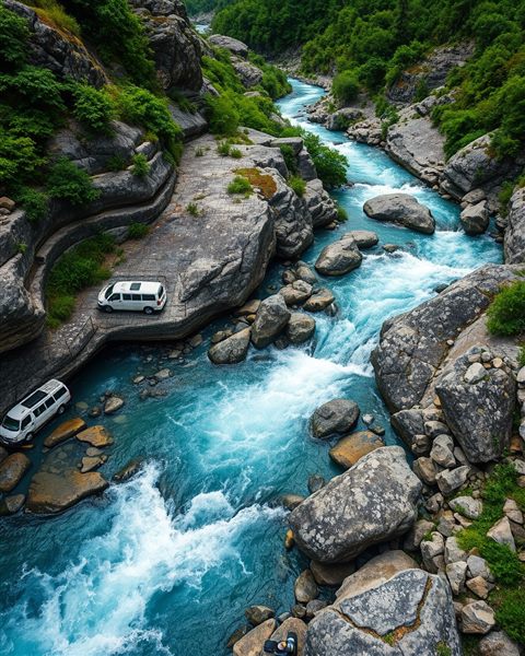 Cinematic film still of Crystal clear water flowing rapidly over smooth rocks in a deep green mountain valley, high-angle view from above, vivid colors, high contrast, energetic, 4:5 aspect ratio