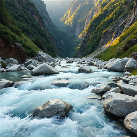 Photorealistic photo of Crystal clear water flowing rapidly over smooth rocks in a deep green mountain valley, wide shot with open space at the top for text, warm golden light, calm mood, 1:1 aspect ratio