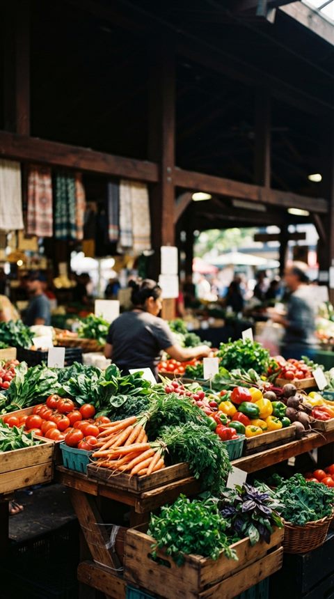 Cinematic film still of fresh vegetables, wide shot with open space at the top for text, vivid colors, high contrast, energetic, 9:16 aspect ratio