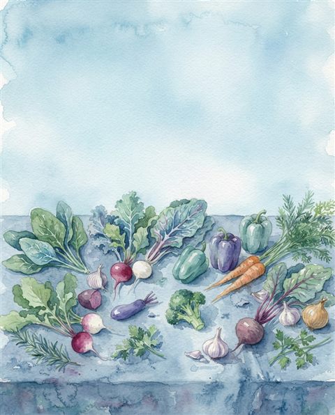 Watercolor illustration of fresh vegetables, wide shot with open space at the top for text, cool blue tones, quiet atmosphere, 4:5 aspect ratio