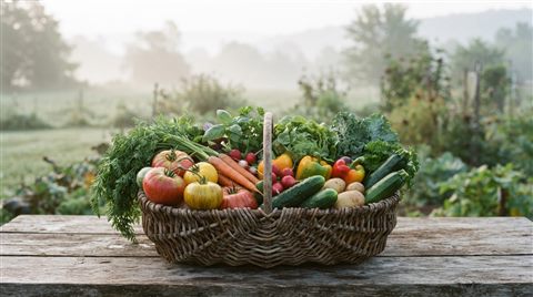 Photorealistic photo of fresh vegetables, centered subject with a simple uncluttered composition, misty morning haze, dreamy, 16:9 aspect ratio