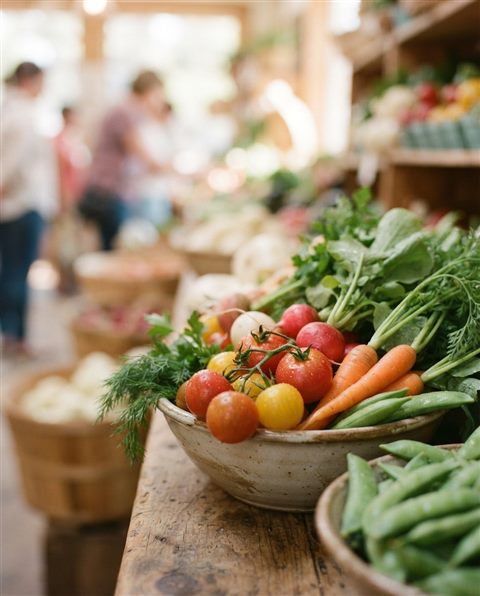 Cinematic film still of fresh vegetables, close-up detail with shallow depth of field, soft pastel colors, bright and cozy, 4:5 aspect ratio