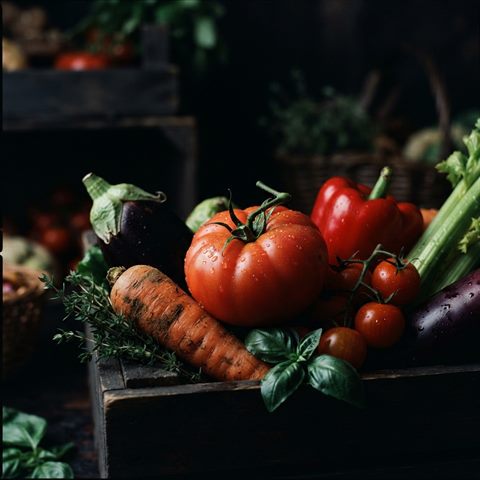 Photorealistic photo of fresh vegetables, close-up detail with shallow depth of field, moody dark tones, dramatic lighting, 1:1 aspect ratio
