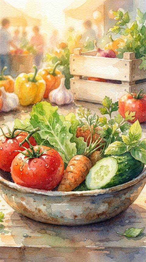 Watercolor illustration of fresh vegetables, close-up detail with shallow depth of field, warm golden light, calm mood, 9:16 aspect ratio