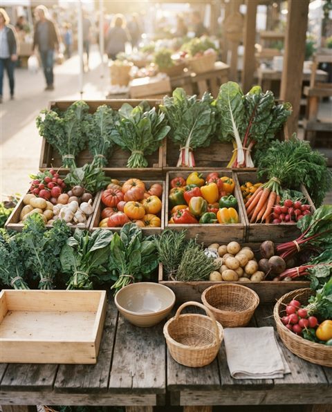 Cinematic film still of fresh vegetables, high-angle view from above, warm golden light, calm mood, 4:5 aspect ratio