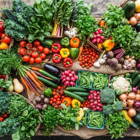 Photorealistic photo of fresh vegetables, high-angle view from above, vivid colors, high contrast, energetic, 1:1 aspect ratio
