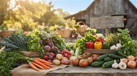 Photorealistic photo of fresh vegetables, wide shot with open space at the top for text, warm golden light, calm mood, 16:9 aspect ratio