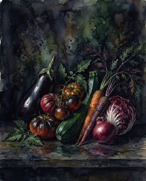 Watercolor illustration of fresh vegetables, centered subject with a simple uncluttered composition, moody dark tones, dramatic lighting, 4:5 aspect ratio