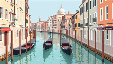 Minimal flat illustration of Scenic view of a narrow canal in Venice with traditional gondolas tied to wooden posts and historic old buildings, centered subject with a simple uncluttered composition, soft pastel colors, bright and cozy, 16:9 aspect ratio