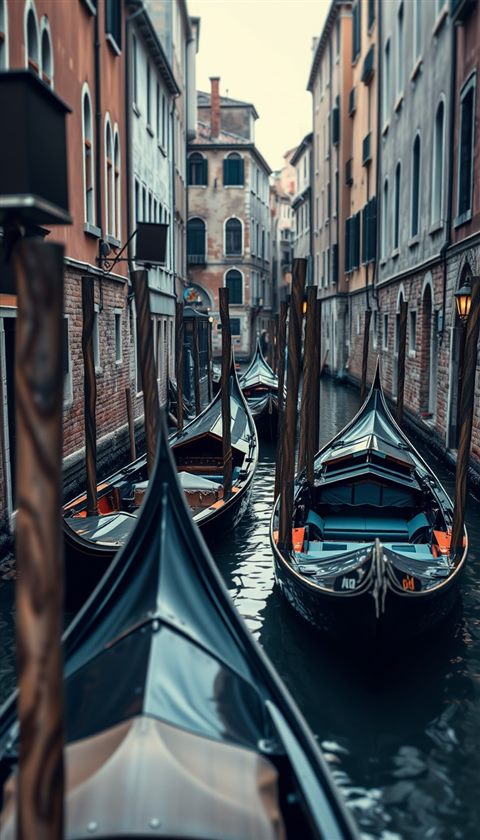 Photorealistic photo of Scenic view of a narrow canal in Venice with traditional gondolas tied to wooden posts and historic old buildings, close-up detail with shallow depth of field, moody dark tones, dramatic lighting, 9:16 aspect ratio