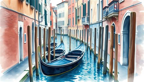 Watercolor illustration of Scenic view of a narrow canal in Venice with traditional gondolas tied to wooden posts and historic old buildings, close-up detail with shallow depth of field, cool blue tones, quiet atmosphere, 16:9 aspect ratio