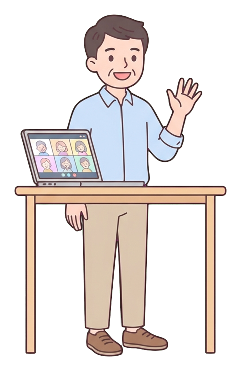 Simple cute flat cartoon illustration with soft pastel colors and thin clean dark outlines of a middle-aged man, person on a video call waving at a laptop, transparent background PNG