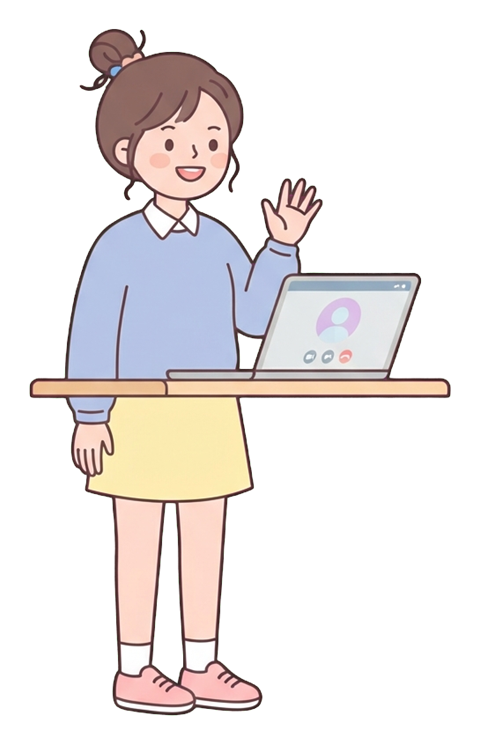Simple cute flat cartoon illustration with soft pastel colors and thin clean dark outlines of a young woman, person on a video call waving at a laptop, transparent background PNG