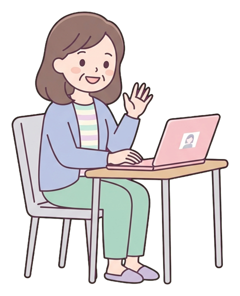 Simple cute flat cartoon illustration with soft pastel colors and thin clean dark outlines of a middle-aged woman, person on a video call waving at a laptop, transparent background PNG