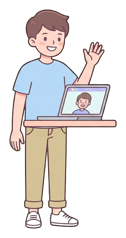 Simple cute flat cartoon illustration with soft pastel colors and thin clean dark outlines of a young man, person on a video call waving at a laptop, transparent background PNG