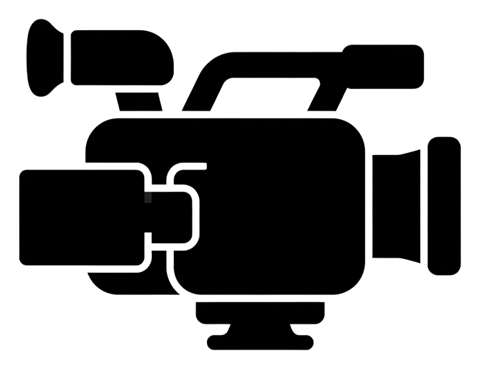 Bold black glyph icon, solid filled silhouette of a video camera icon, transparent background PNG