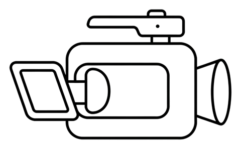 Thin black line icon, minimal outline of a video camera icon, transparent background PNG