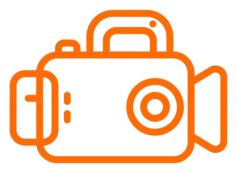 Rounded line icon, thick orange outline of a video camera icon, transparent background PNG