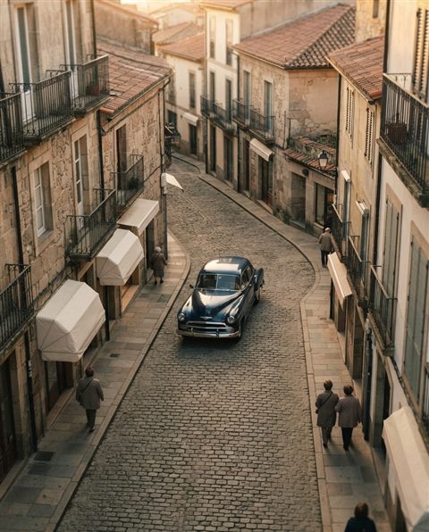 Cinematic film still of generic vintage classic car on an old city street, no brand badges, high-angle view from above, warm golden light, calm mood, 4:5 aspect ratio