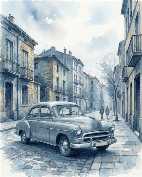 Watercolor illustration of generic vintage classic car on an old city street, no brand badges, wide shot with open space at the top for text, cool blue tones, quiet atmosphere, 4:5 aspect ratio