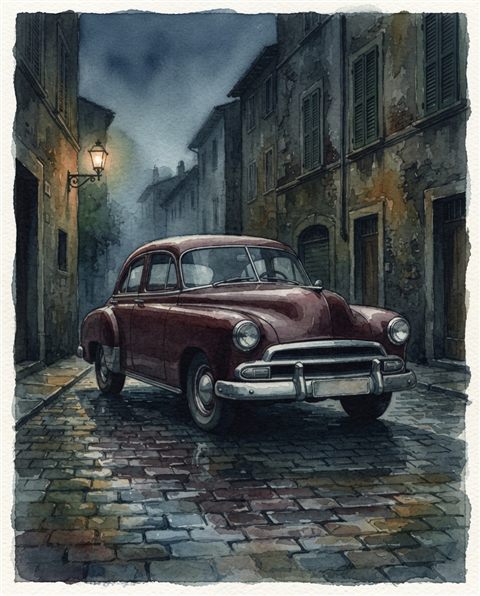 Watercolor illustration of generic vintage classic car on an old city street, no brand badges, centered subject with a simple uncluttered composition, moody dark tones, dramatic lighting, 4:5 aspect ratio
