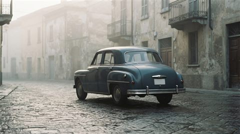 Photorealistic photo of generic vintage classic car on an old city street, no brand badges, centered subject with a simple uncluttered composition, misty morning haze, dreamy, 16:9 aspect ratio