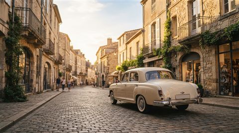 Photorealistic photo of generic vintage classic car on an old city street, no brand badges, wide shot with open space at the top for text, warm golden light, calm mood, 16:9 aspect ratio