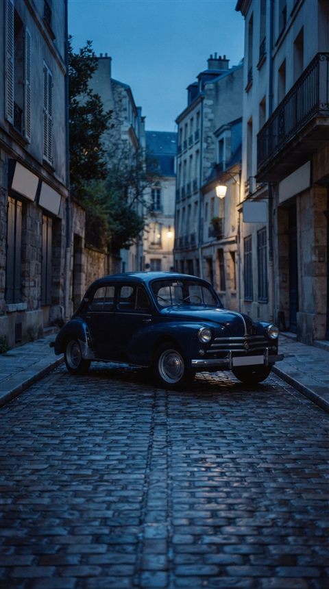 Cinematic film still of generic vintage classic car on an old city street, no brand badges, centered subject with a simple uncluttered composition, cool blue tones, quiet atmosphere, 9:16 aspect ratio