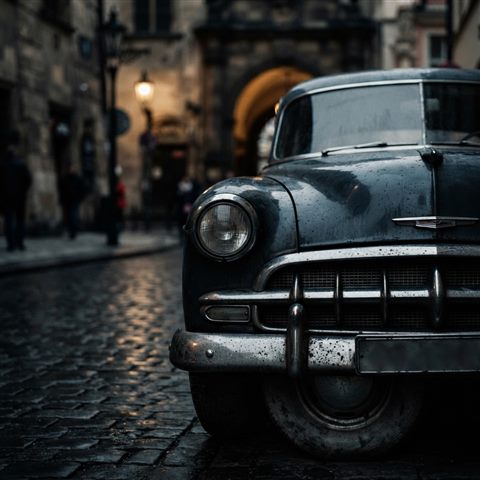 Photorealistic photo of generic vintage classic car on an old city street, no brand badges, close-up detail with shallow depth of field, moody dark tones, dramatic lighting, 1:1 aspect ratio