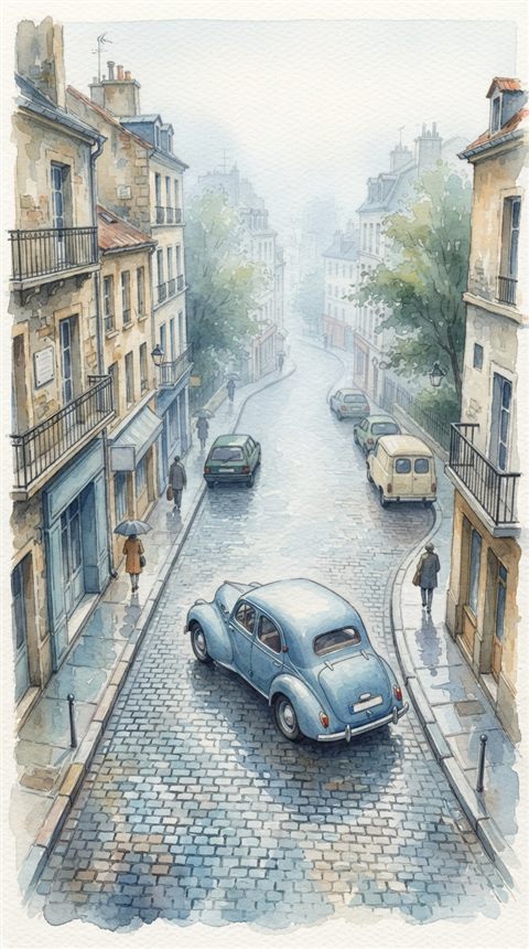 Watercolor illustration of generic vintage classic car on an old city street, no brand badges, high-angle view from above, misty morning haze, dreamy, 9:16 aspect ratio