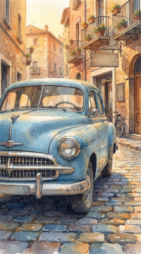 Watercolor illustration of generic vintage classic car on an old city street, no brand badges, close-up detail with shallow depth of field, warm golden light, calm mood, 9:16 aspect ratio