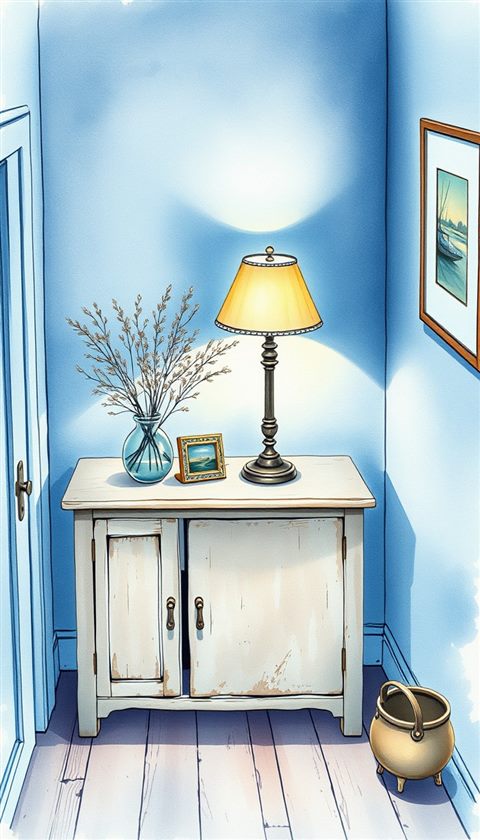 Watercolor illustration of A cozy corner of a room featuring a distressed wooden cabinet, an antique lamp, and dried botanical stems., high-angle view from above, cool blue tones, quiet atmosphere, 9:16 aspect ratio