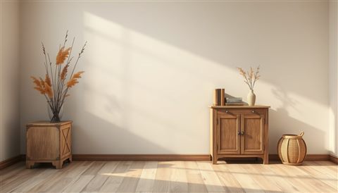 Soft 3D render of A cozy corner of a room featuring a distressed wooden cabinet, an antique lamp, and dried botanical stems., wide shot with open space at the top for text, misty morning haze, dreamy, 16:9 aspect ratio