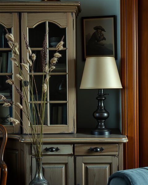 Cinematic film still of A cozy corner of a room featuring a distressed wooden cabinet, an antique lamp, and dried botanical stems., close-up detail with shallow depth of field, vivid colors, high contrast, energetic, 4:5 aspect ratio