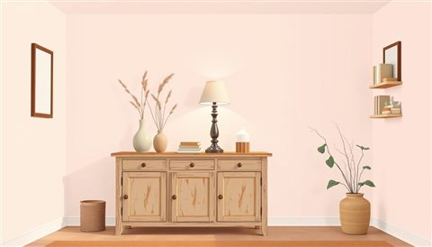 Minimal flat illustration of A cozy corner of a room featuring a distressed wooden cabinet, an antique lamp, and dried botanical stems., wide shot with open space at the top for text, soft pastel colors, bright and cozy, 16:9 aspect ratio