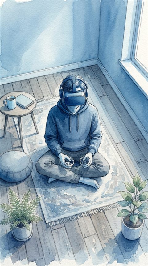 Watercolor illustration of a person wearing a VR headset, high-angle view from above, cool blue tones, quiet atmosphere, 9:16 aspect ratio