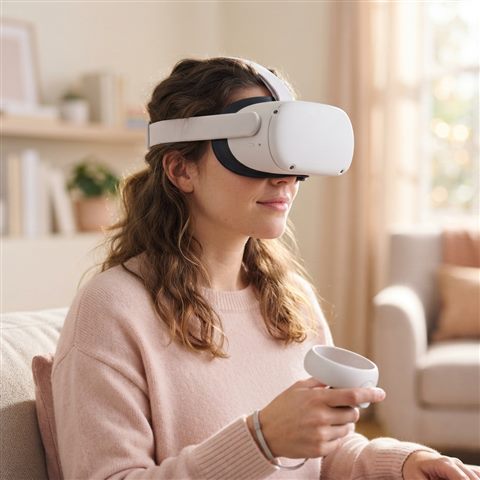 Photorealistic photo of a person wearing a VR headset, close-up detail with shallow depth of field, soft pastel colors, bright and cozy, 1:1 aspect ratio