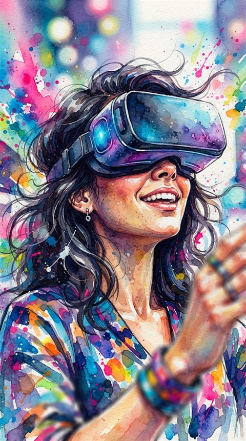 Watercolor illustration of a person wearing a VR headset, close-up detail with shallow depth of field, vivid colors, high contrast, energetic, 9:16 aspect ratio