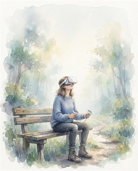 Watercolor illustration of a person wearing a VR headset, wide shot with open space at the top for text, misty morning haze, dreamy, 4:5 aspect ratio