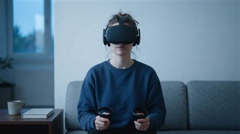 Photorealistic photo of a person wearing a VR headset, centered subject with a simple uncluttered composition, cool blue tones, quiet atmosphere, 16:9 aspect ratio
